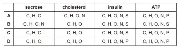 Table with sucrose, cholesterol, insulin and ATP elements