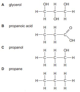 Glycerol, propanoic acid, propanol and propane chemical structure diagram